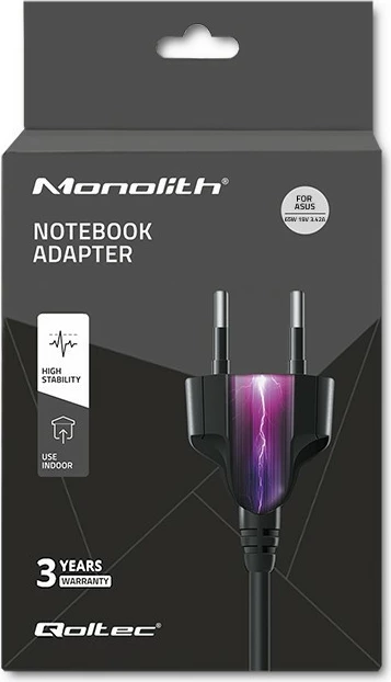 Polnilec za prenosnik 65W, 19V, 3.42A, 5,5x2,5 mm, Qoltec za Asus, črn