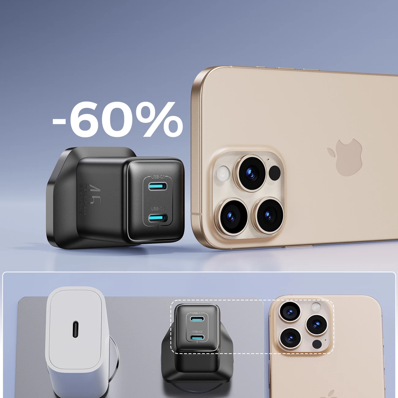 Stenski polnilec 45 W, 2x USB-C, brez kabla, črn — Joyroom JR-TCG17, vtič UK