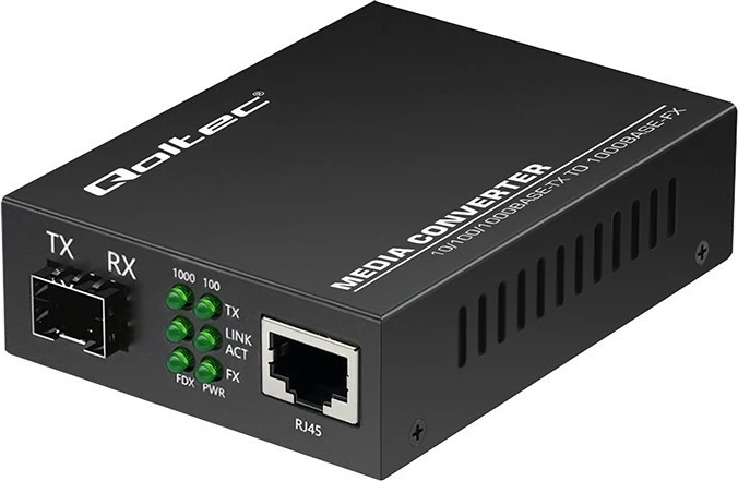 Medijski pretvornik Qoltec 52295, 1x RJ45, 1x SFP, 1000 Mb/s, črn