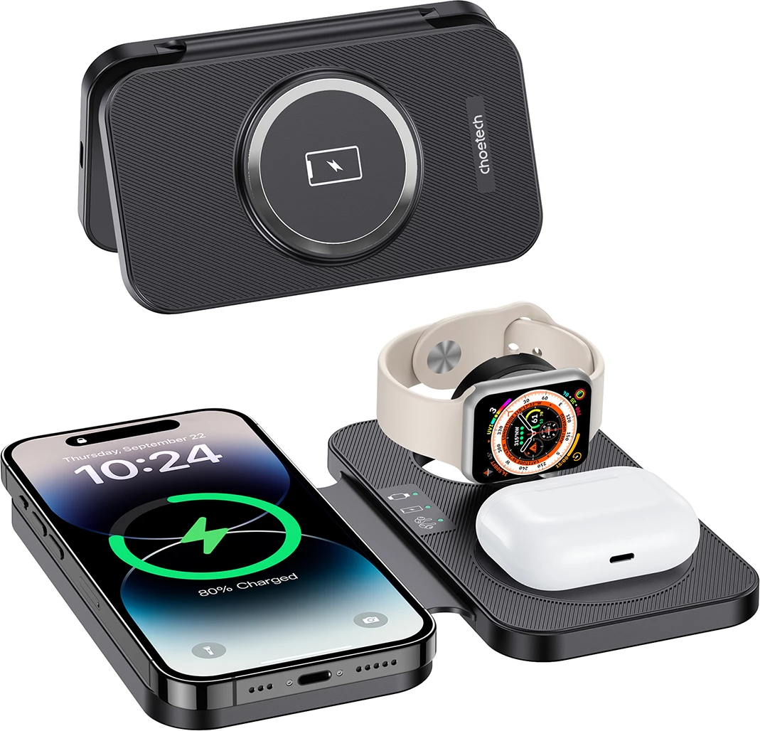 Brezžični polnilec 3-v-1 Choetech T616-F, z LED in USB-C kablom, črn