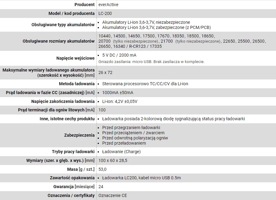 Polnilec za cilindrične Li-ion baterije everActive LC-200, črn