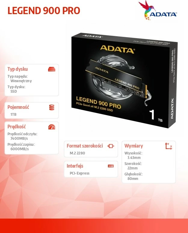 SSD 1TB, M.2 2280, PCIe 4x4, črn Adata LEGEND 900 PRO