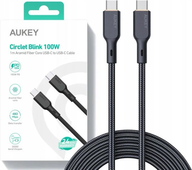 Kabel USB-C na USB-C AUKEY CB-KCC101, 1 m, Kevlar, 100 W, črn