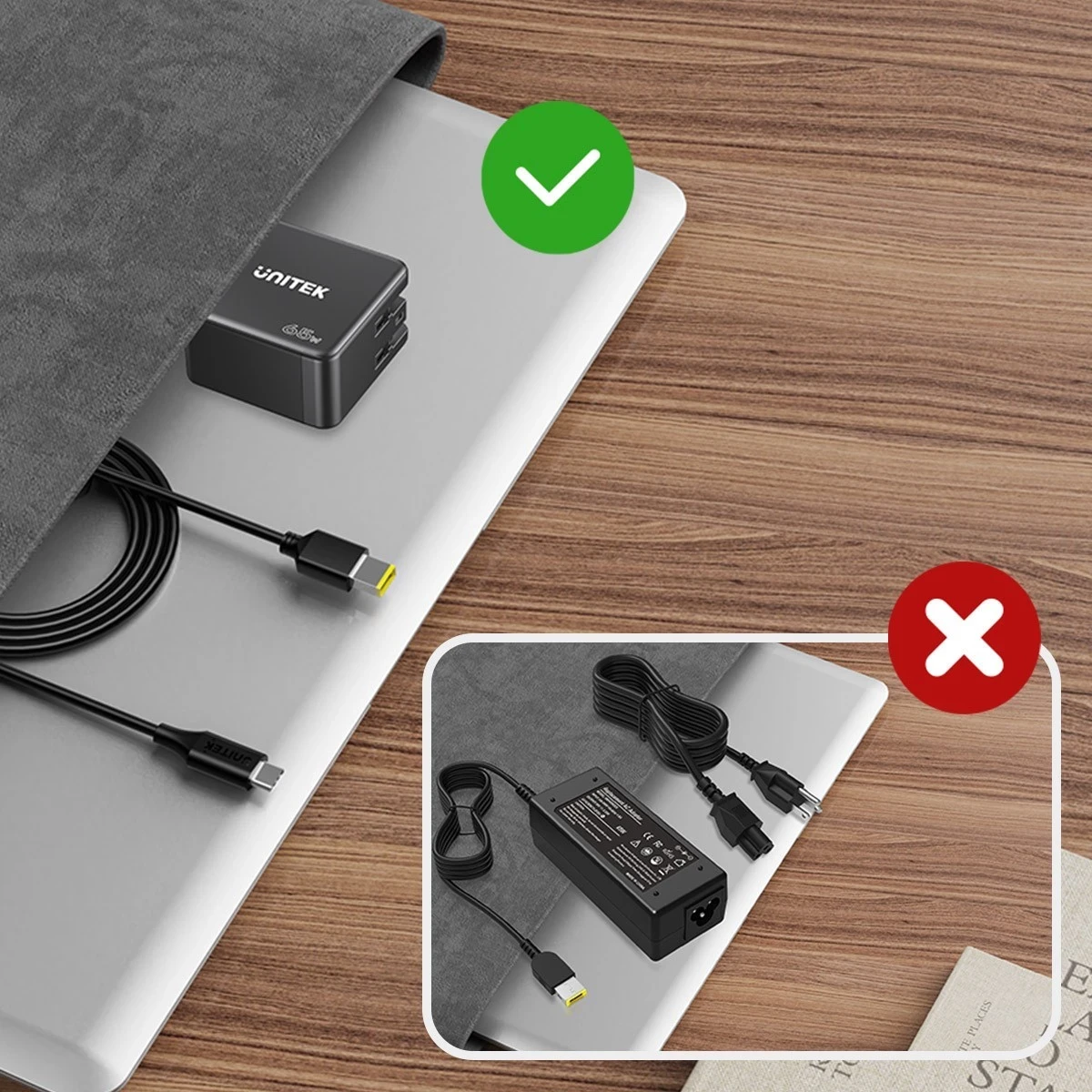 Napajalni kabel 65W USB-C na DC 4,0mm za Lenovo Unitek, črn