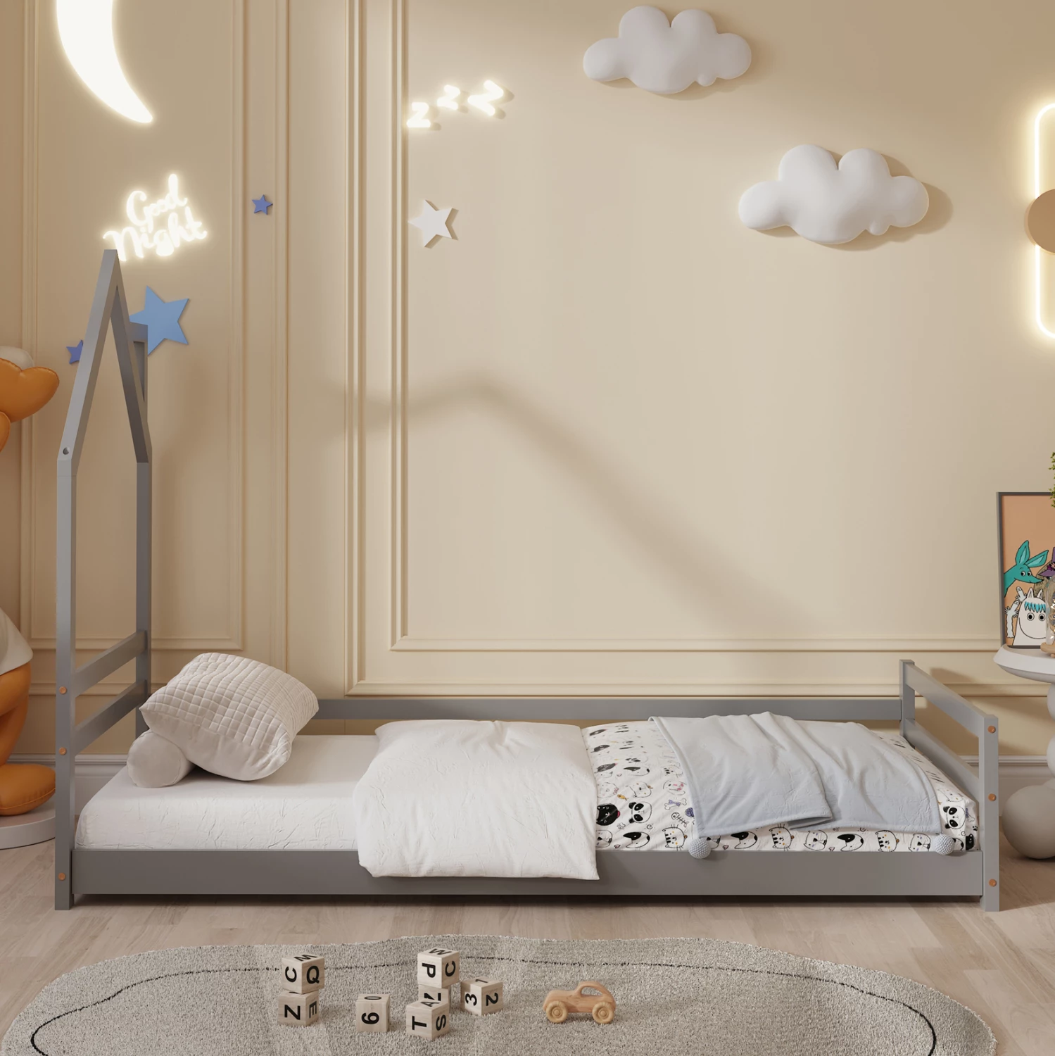 Postelja za otroke HOUSER FH676.05 t.MONTESSORI iz masivnega borovega lesa v sivi barvi - 190x90 cm