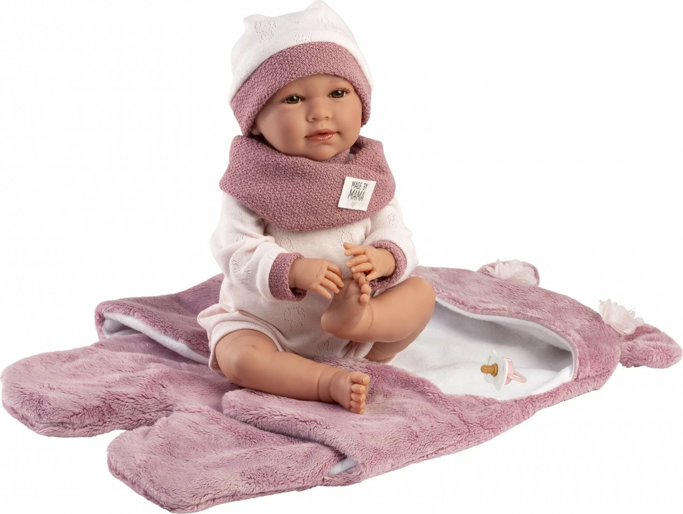 Jočeča lutka dojenček Mimi Llorens 74130, 42 cm, z odejico in stekleničko, 3-delni komplet, rožnata