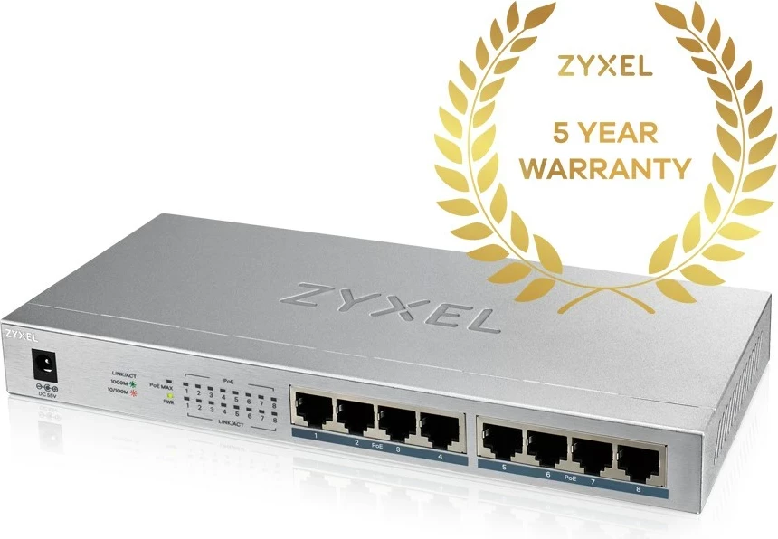 Nepremični Gigabit Ethernet PoE preklopnik Zyxel GS1008HP, siv