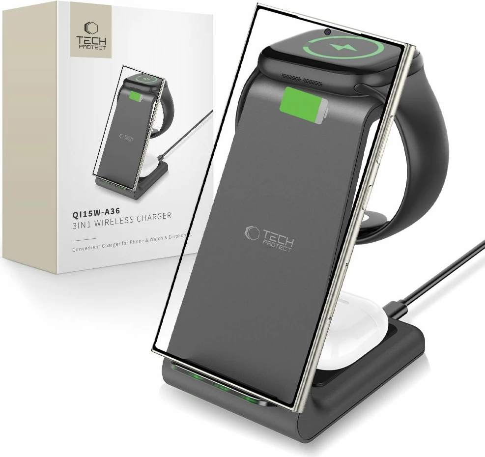 Stojalo za polnjenje 3-v-1 Tech-Protect QI15W-A36, za Android, črno
