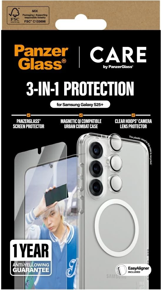 Ovitek za telefon z zaščitnim steklom in zaščito leče, PanzerGlass CARE Flagship 3in1 za Samsung Galaxy S25+, prozoren