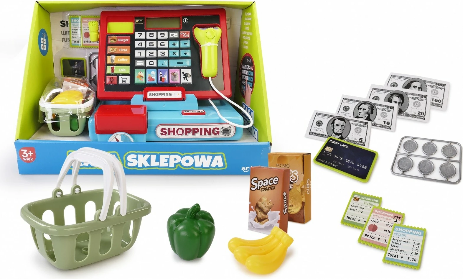 Igralna blagajna z bralnikom in tehtnico, večbarvna, komplet dodatkov Artyk 142543