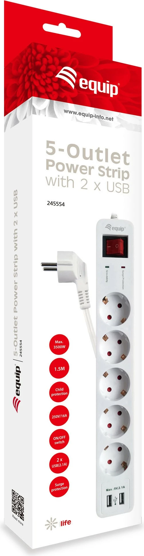 Razdelilec napajanja EQUIP 245554, 5 vtičnic, 2 USB, 1,8 m, belo