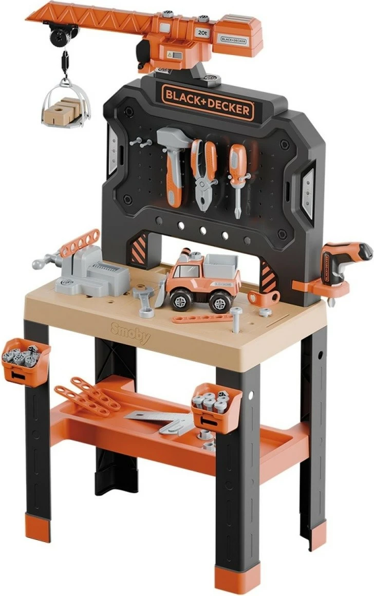 Delavnica z dvigalom Smoby Black+Decker Bricolo Builder, komplet igrač, 87 kosov