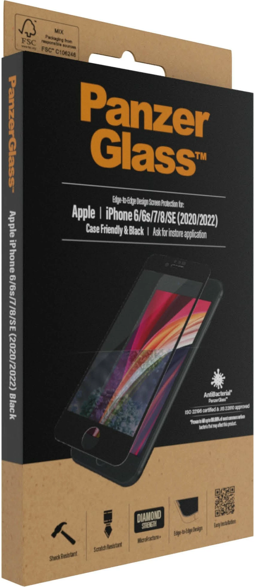 Zaščitno steklo PanzerGlass za iPhone 6/7/8/SE 2020/2022, prozorno, črn okvir