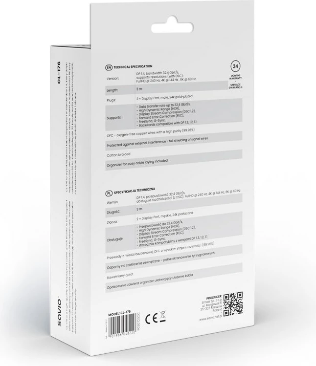 DisplayPort kabel SAVIO, V1.4, 3 m, CL-176, črn