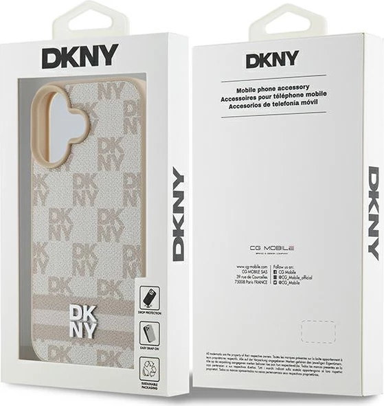Ovitek za iPhone 16, karo vzorec in potiskane črte, rožnat, DKNY