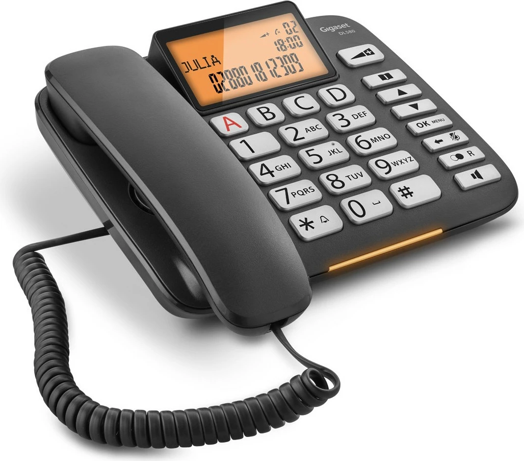 Analogni telefon z žičnimi slušalkami in zvočnikom Gigaset DL580, 99 imen, ID klica, črn