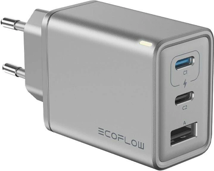 Omrežni polnilec 65W GaN EcoFlow RAPID, 2x USB-C, 1x USB-A, srebrno-črn, s kablom 1 m