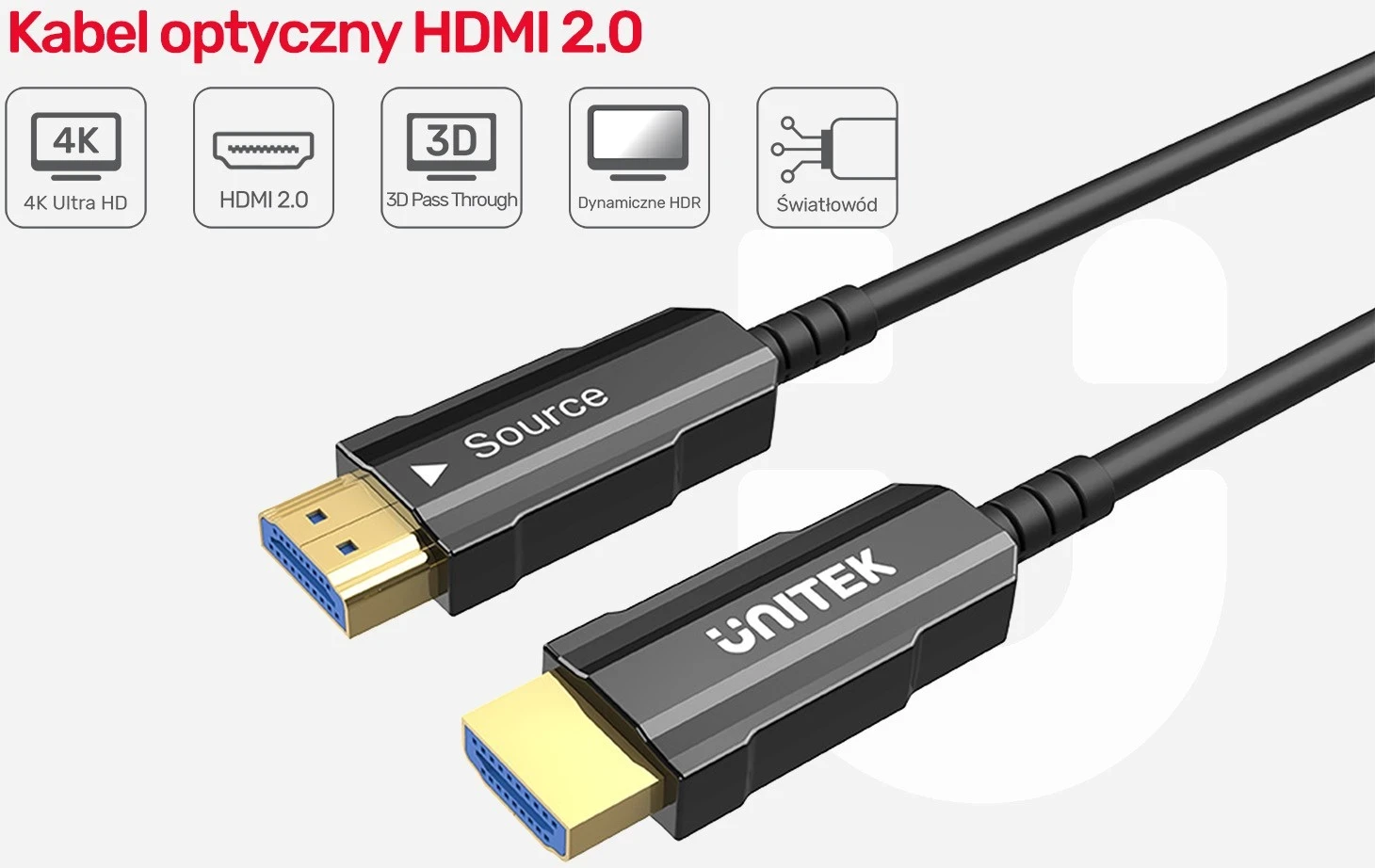 Optični HDMI 2.0 kabel Unitek, 4K 60Hz, 15 m, črn