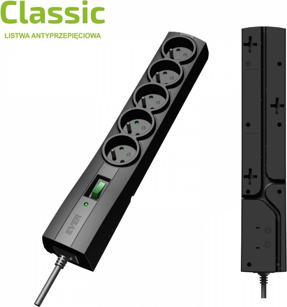 Zaščitna razdelilna vtičnica EVER Classic T/LZ09-CLA050/0000, 5 vtičev, 5 m, črna
