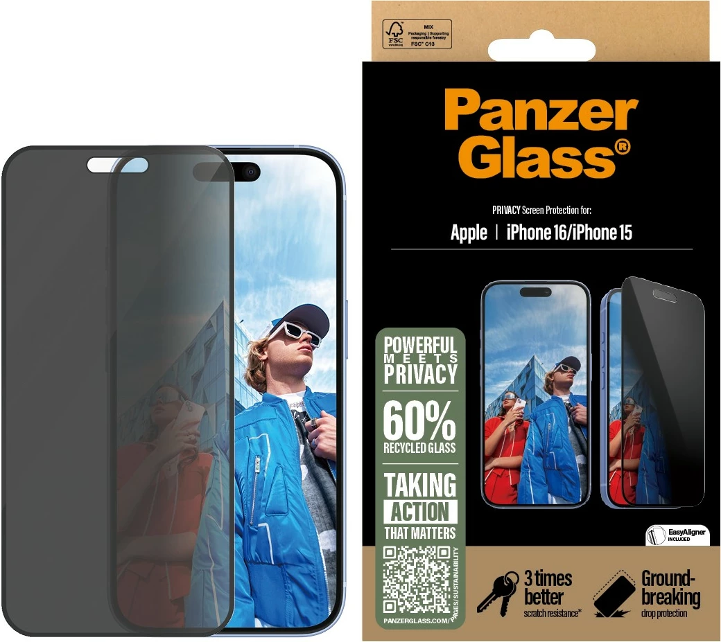 Zaščita zaslona PanzerGlass za iPhone 16/15, Privacy, prosojna