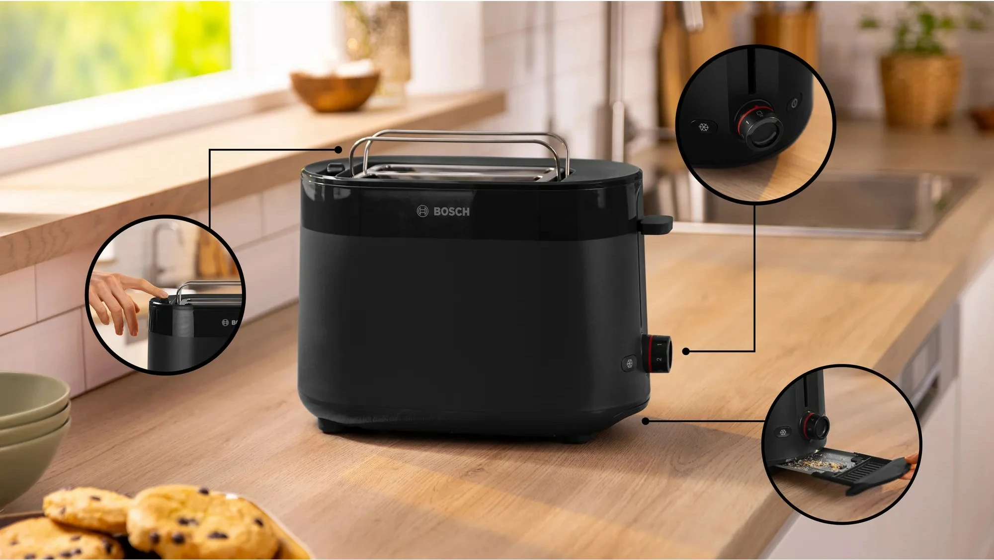 Tost za kruh, 2 rezini, 950 W, črn, Bosch TAT2M123