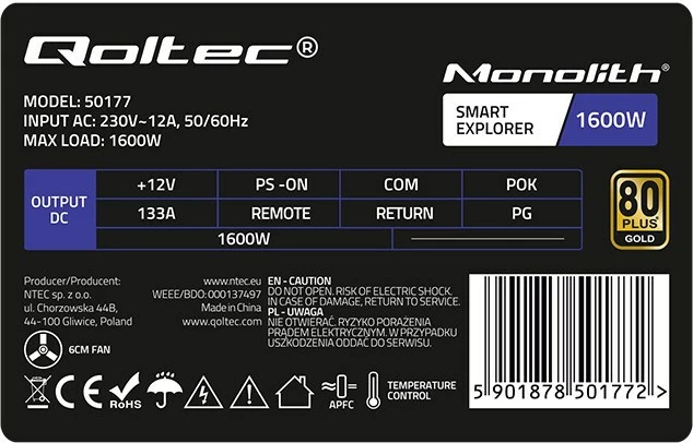 Napajalnik za računalnik 1600 W Qoltec 50177, 80 PLUS Gold, srebrn