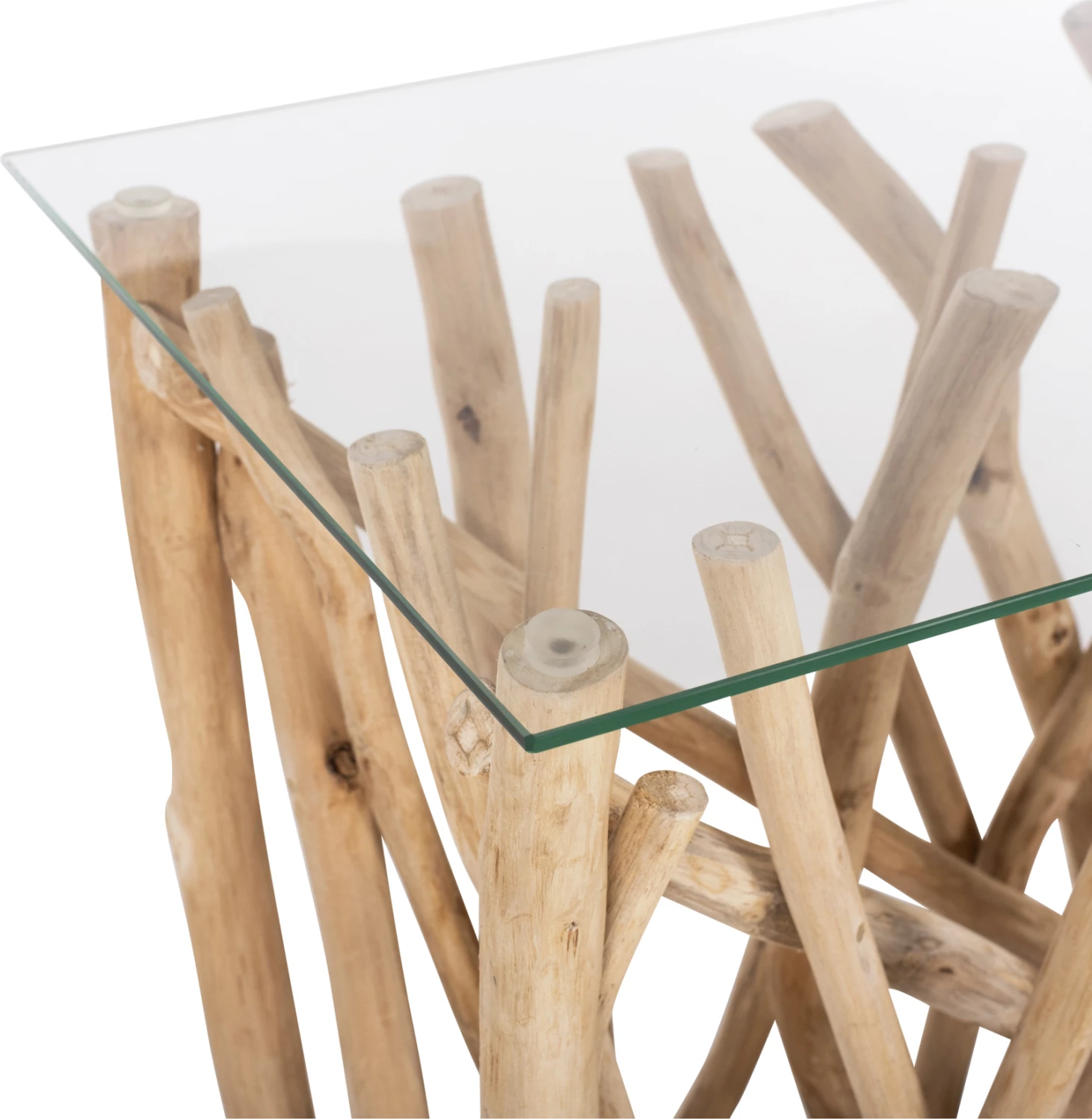 Konzola v rustikalnem stilu iz masivnih vej TEAK naravne barve in stekla 120x35x75H cm