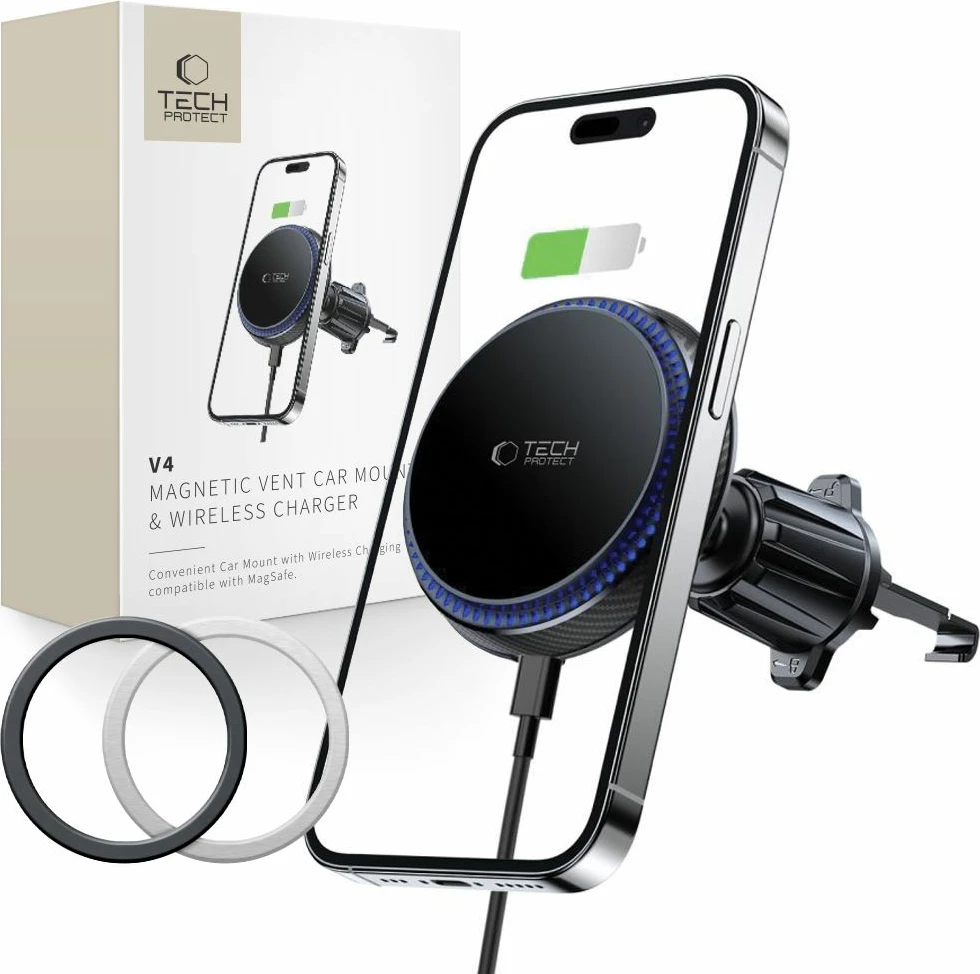 Magnetni nosilec za telefon s brezžičnim polnilcem Tech-Protect MM15W-V4, za zračne reže v avtomobilu, 15W, črn