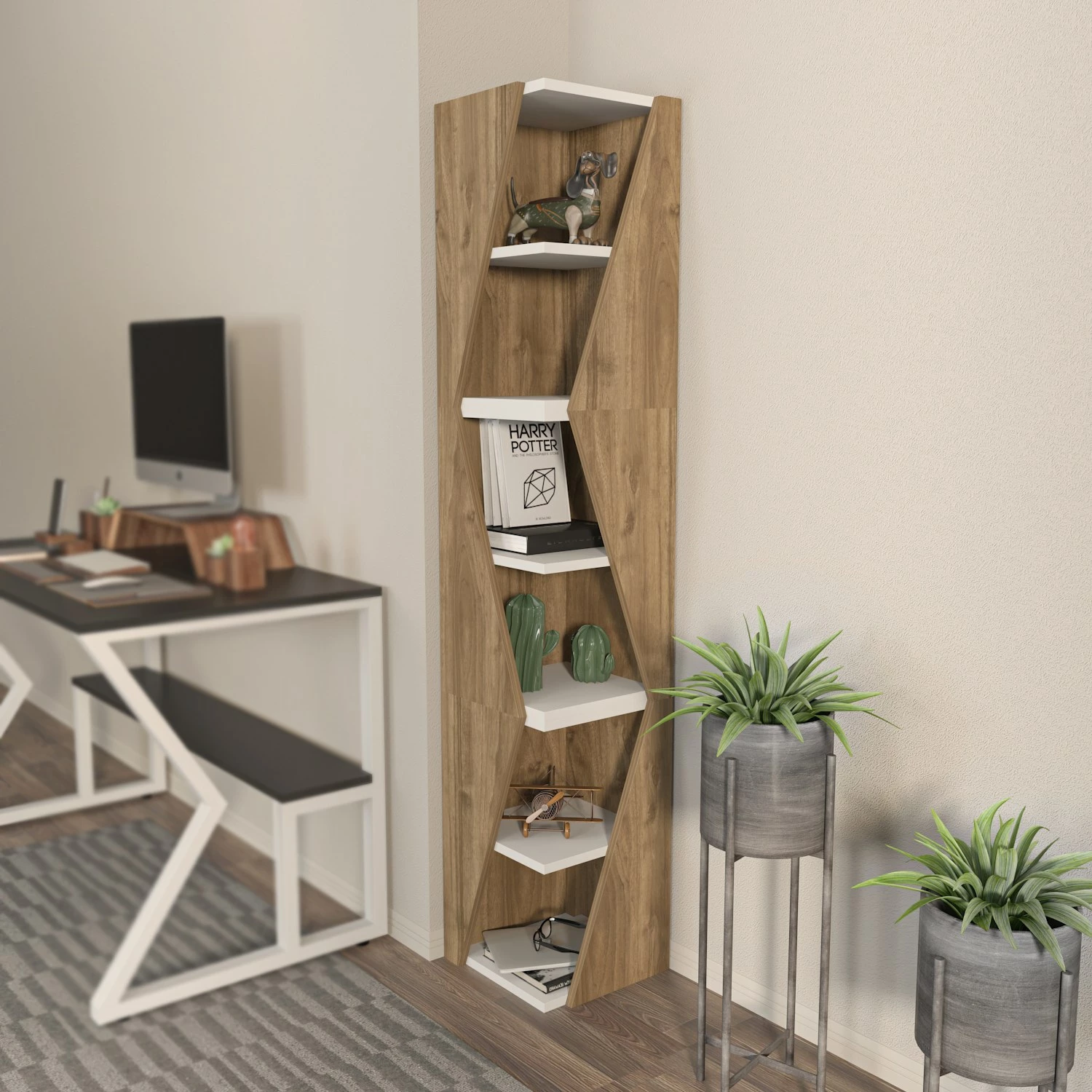 Elegantna polica za knjige Skye Decor, puščica, rjava in bela