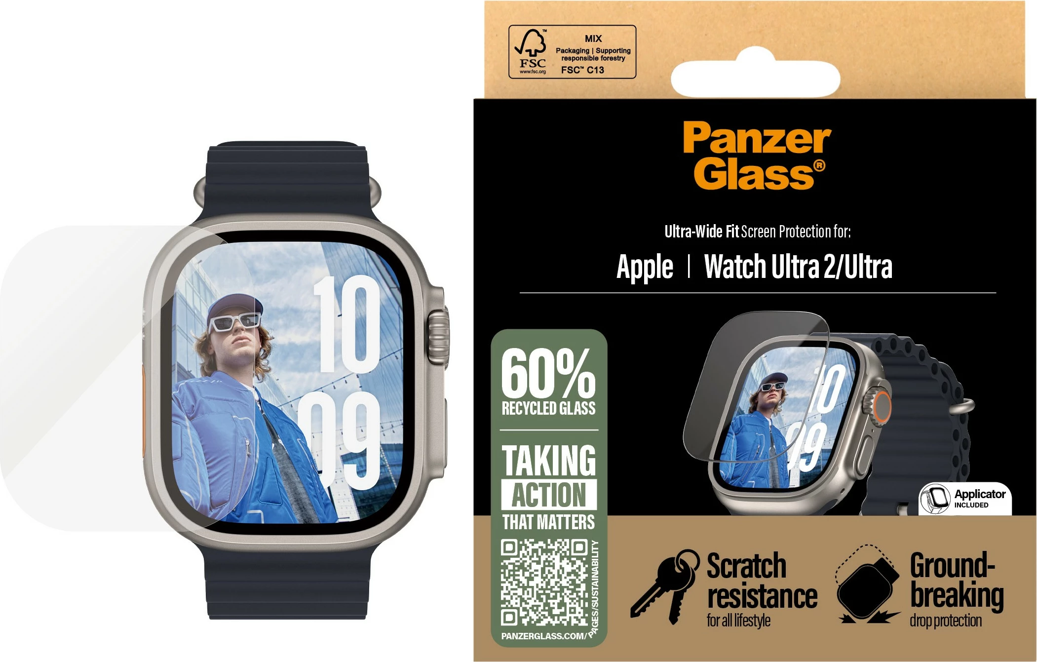 Zaščitno steklo za zaslon za Apple Watch Ultra 2 PanzerGlass, prozorno