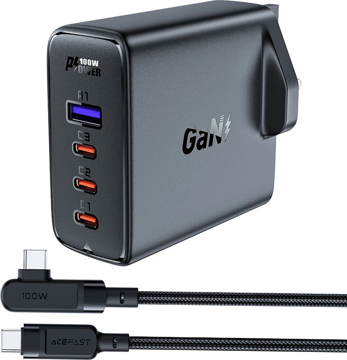 Hitri zidni polnilec Acefast A40, 100 W, 3x USB-C, 1x USB-A, GaN, z USB-C kablom, UK vtič, črn