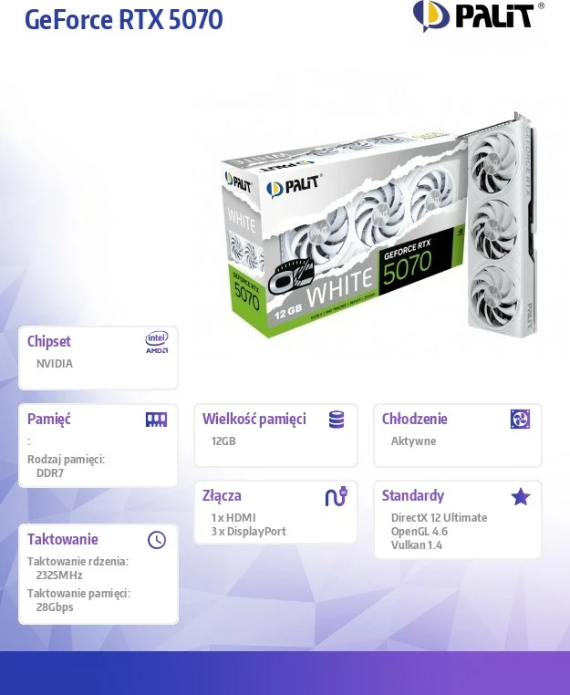 Grafična kartica Palit GeForce RTX 5070 WHITE OC, 12 GB GDDR7, 192-bit, 3x DisplayPort/HDMI, bela