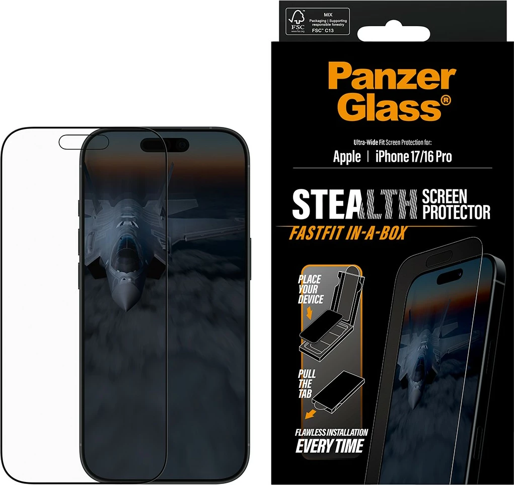 Zaščita zaslona PanzerGlass Stealth za iPhone 17 in iPhone 16 Pro, Ultra-Wide Fit, črn okvir