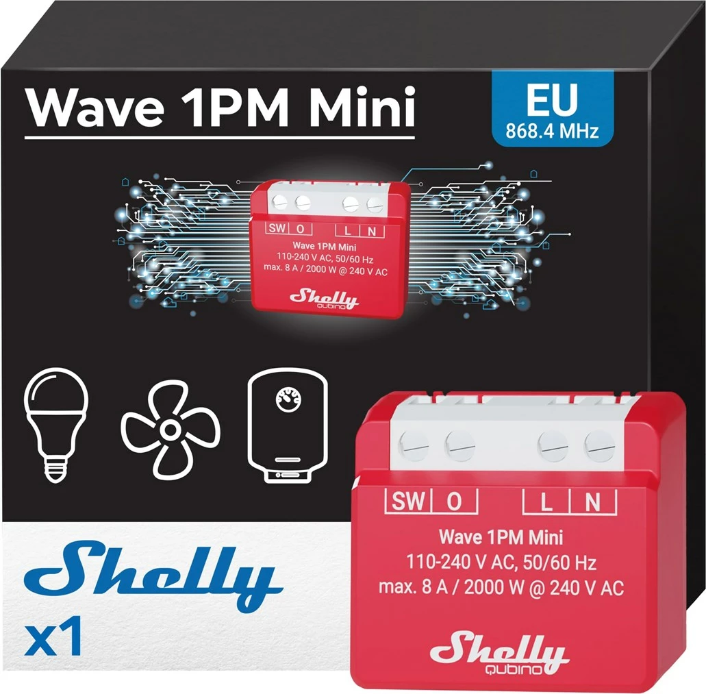 Pametni rele Shelly Wave 1PM Mini LR, brezžični, 110-240V AC, rdeč