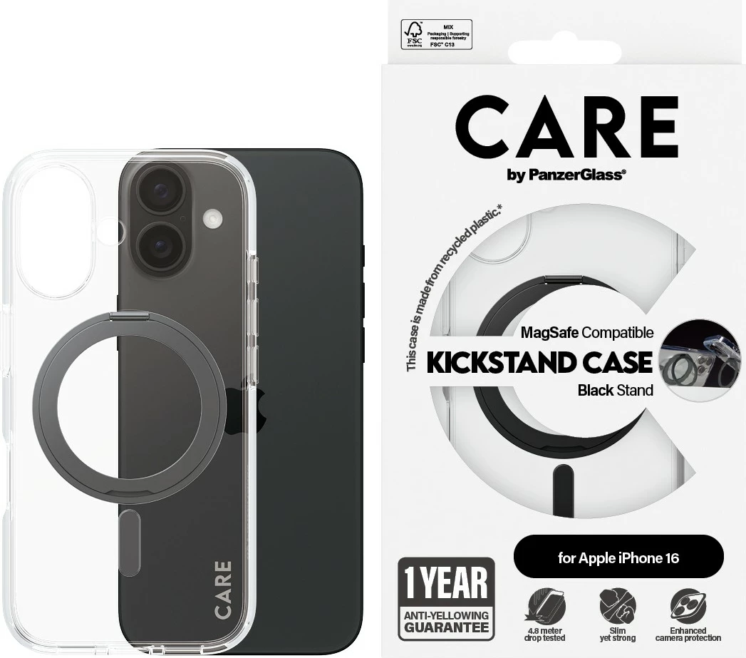 Prozoren ovitek PanzerGlass CARE Case, iPhone 16, MagSAFE, stojalo (Kickstand)