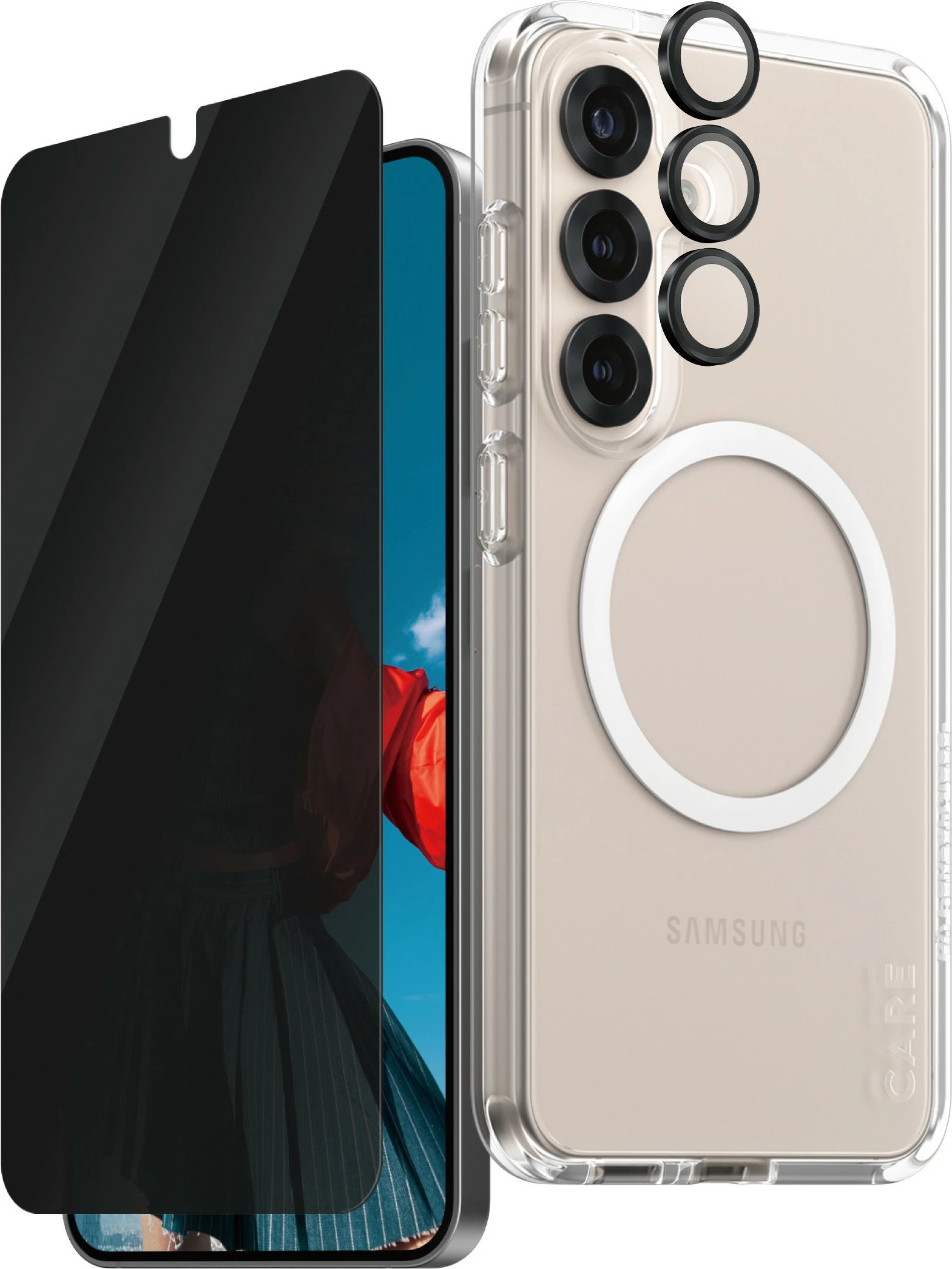 Set zaščite s funkcijo zasebnosti PanzerGlass CARE Flagship 3-v-1 za Samsung Galaxy S25, prozoren