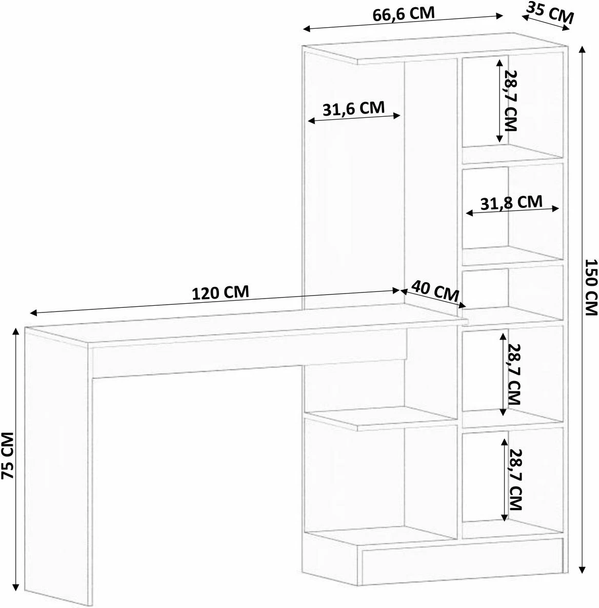 Delovna miza z regalom za knjige, mat bela, Skye Decor, Rb-116