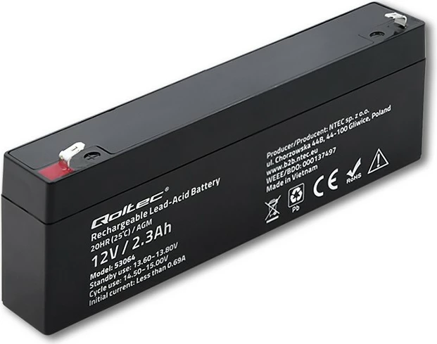 Baterija AGM Qoltec 53064, 12V, 2,3Ah, črna