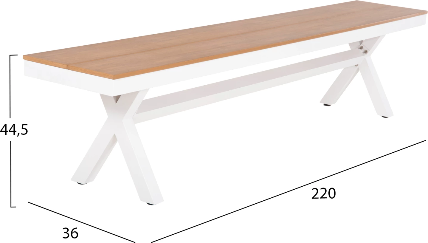 Aluminijasta klop TAWNEE FH6040.02 bela s sedežem iz polilesa v naravni barvi lesa 220x36x44,5Hcm