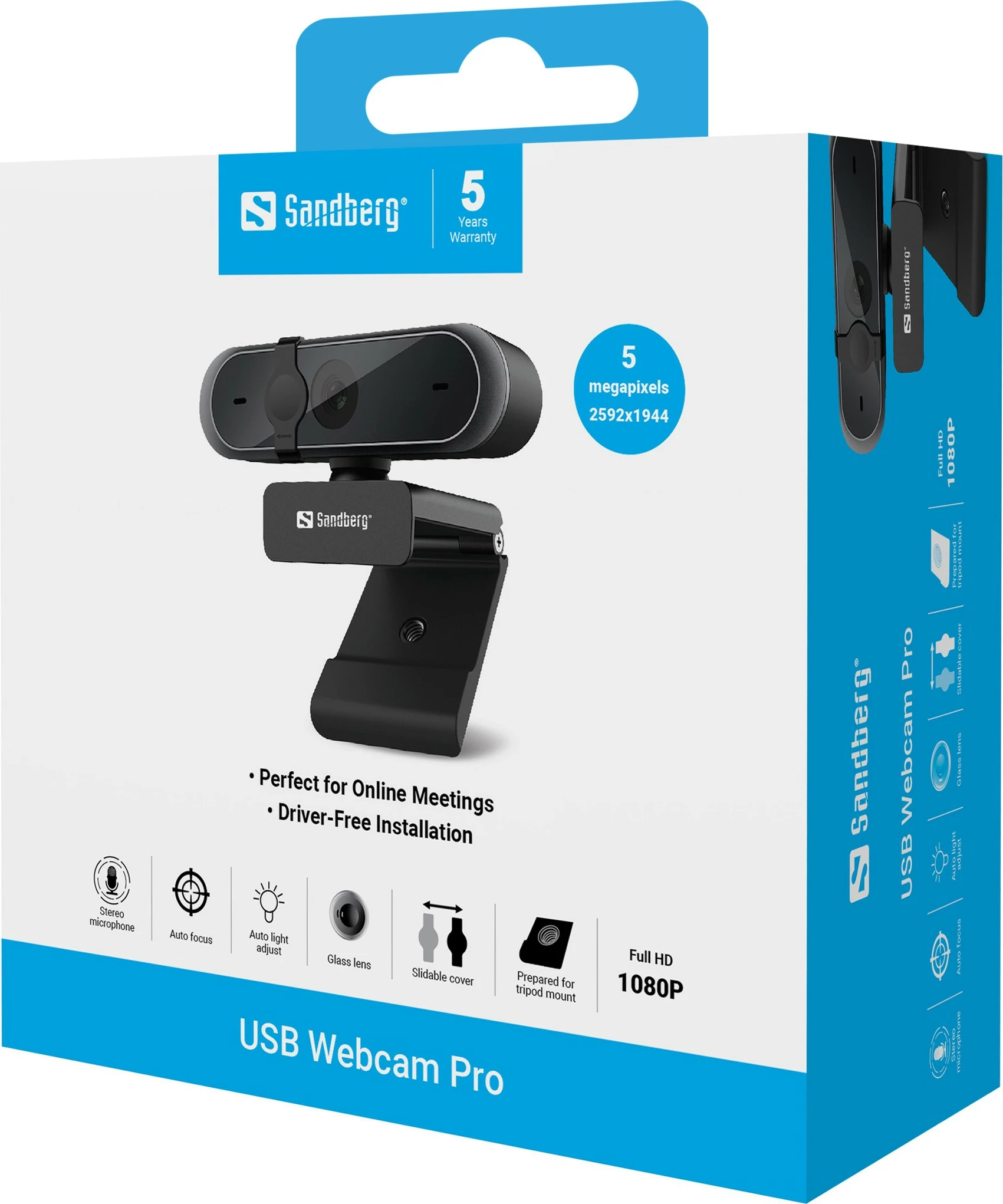 USB kamera Sandberg Pro, 5 MP, 2592 x 1944 slikovnih pik, Full HD, 30 fps, črna