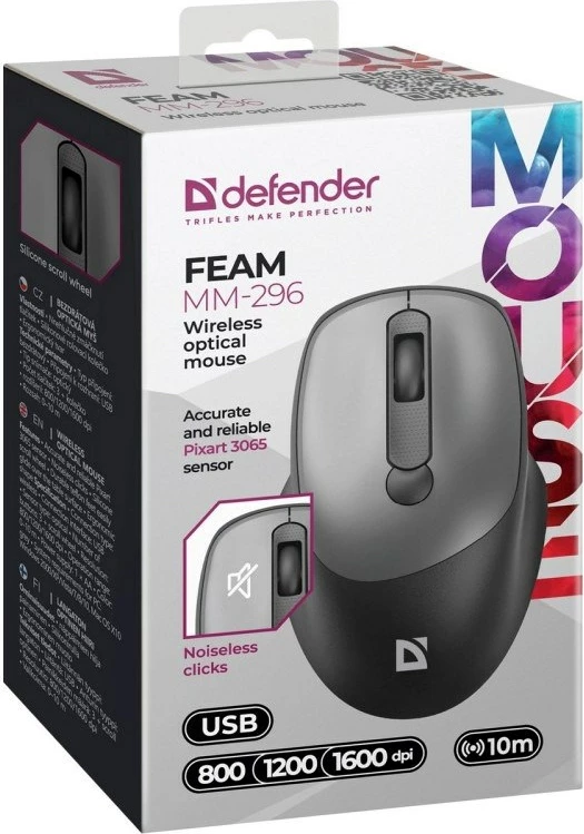 Brezžični tihi miška Defender FEAM MM-296 RF, siva