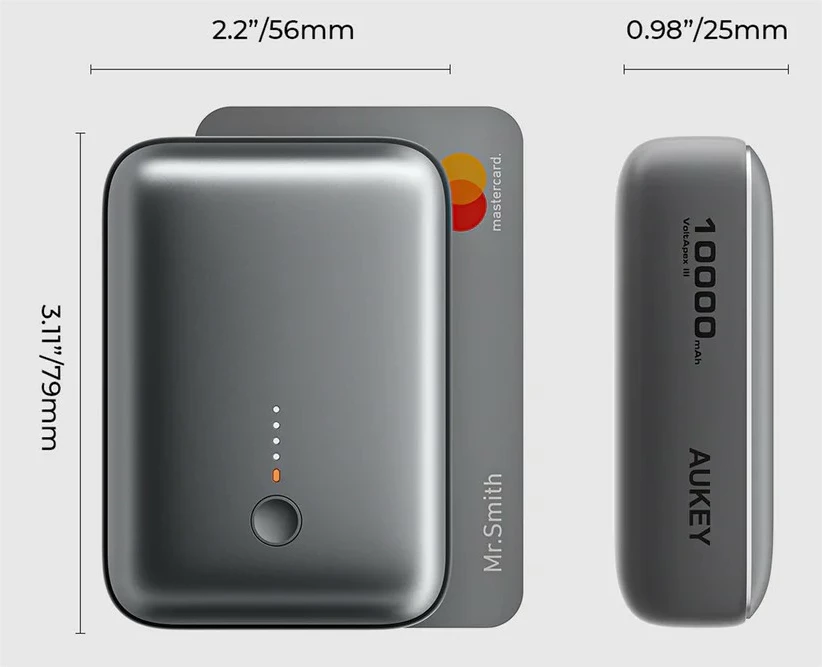 Power bank AUKEY PB-Y55, 10000 mAh, 22,5 W, 2x USB, siv