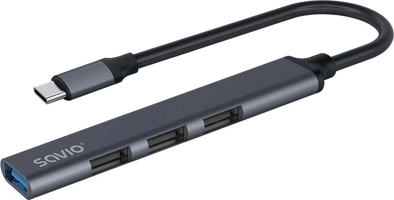 USB-C razdelilec Savio AK-71, 4 vrata (3x USB-A 2.0, 1x USB-A 3.1 Gen 1), siv