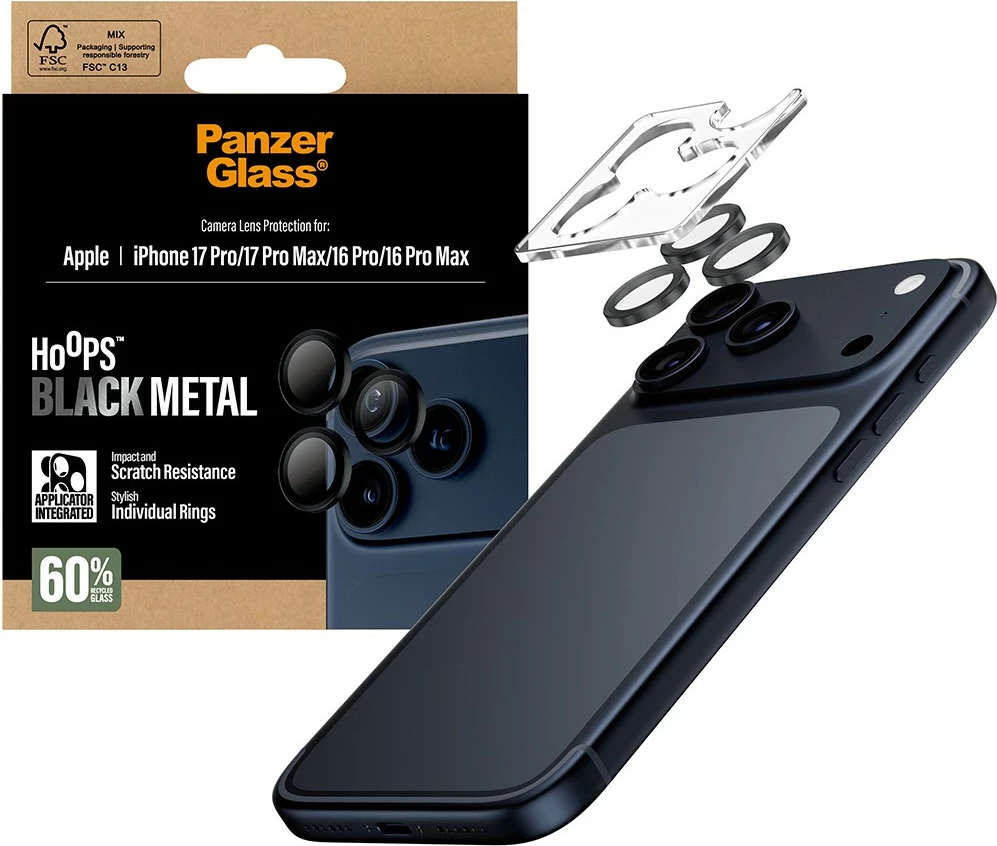 Ovitek za kamero PanzerGlass Hoops za iPhone 17 Pro/Pro Max in 16 Pro/Pro Max, črn