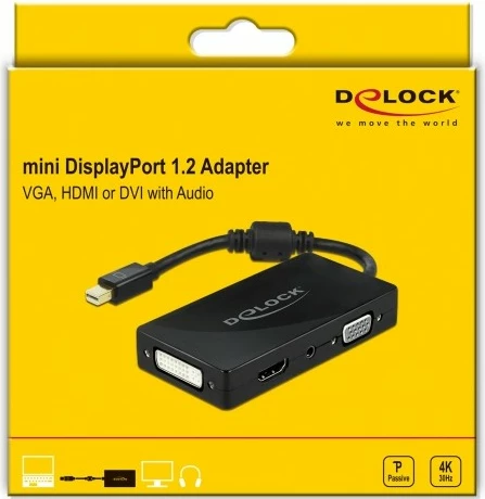 Adapter Mini DisplayPort v VGA/HDMI/DVI/Audio DeLOCK, 4K, črn
