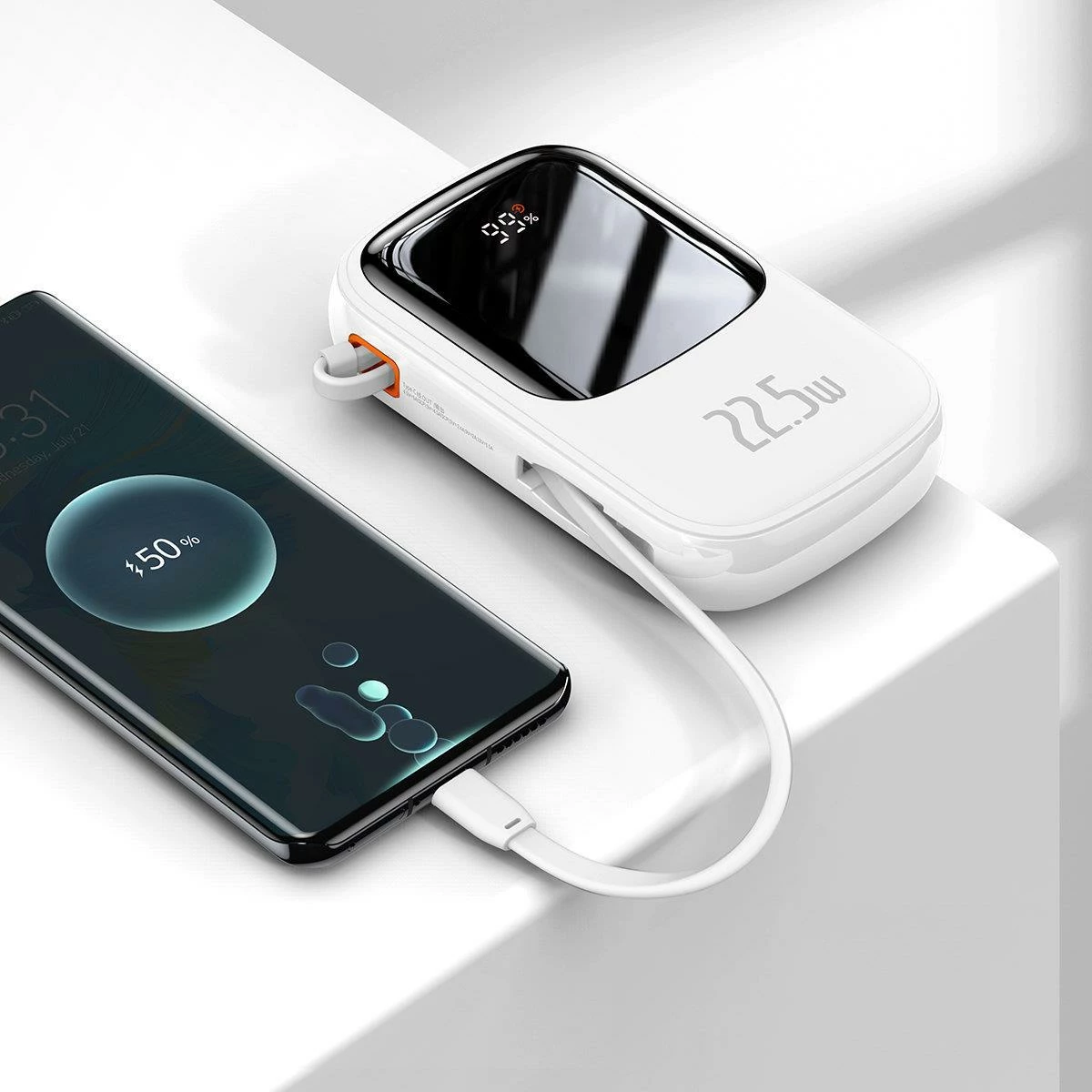 Powerbank 20000mAh, 22,5W, z vgrajenim kablom USB-C, Baseus Qpow, bel