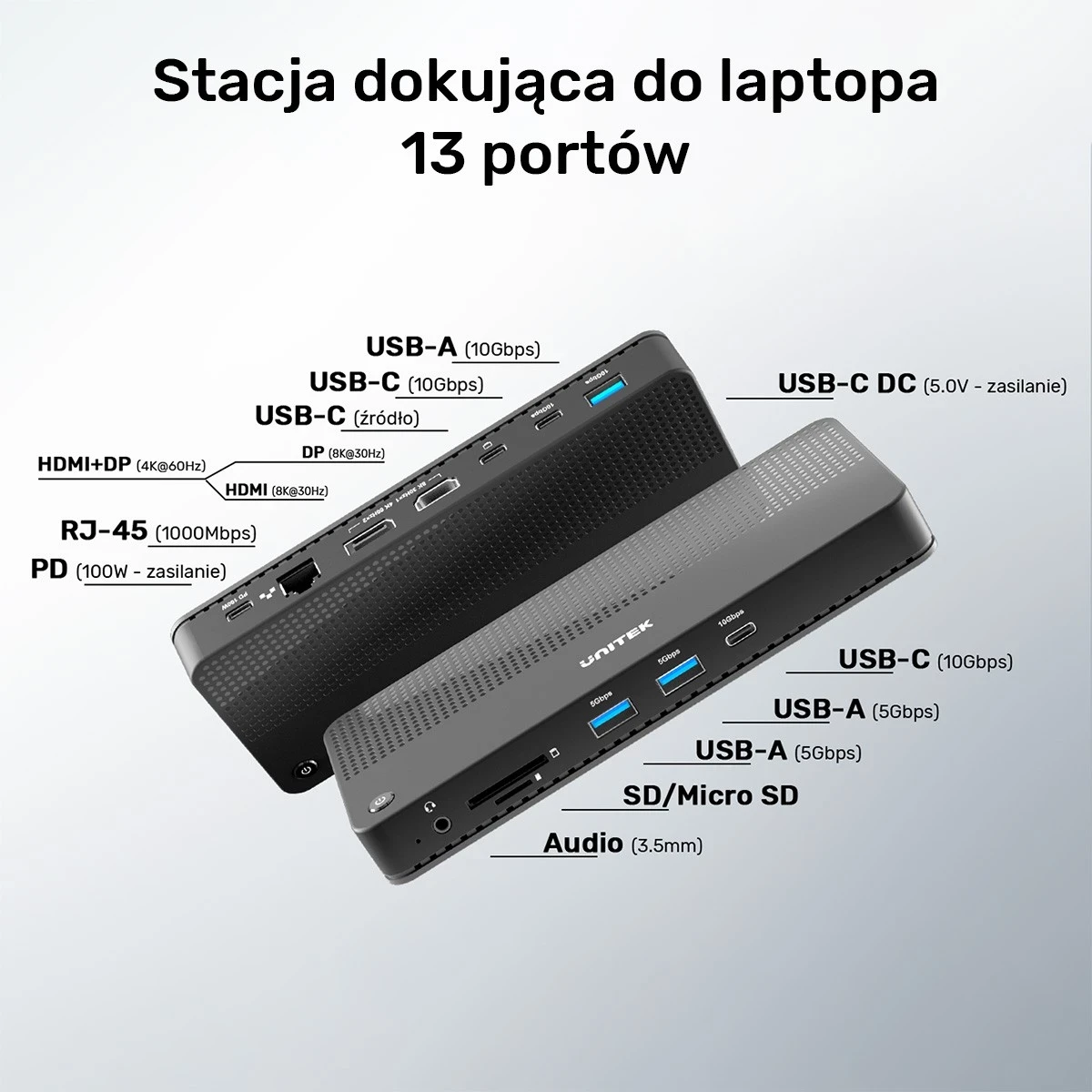 Multifunkcijski dok Unitek 12 v 1, HDMI 8K, USB 4, 100 W, črn