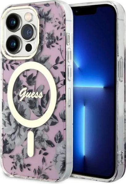 Zaščitni ovitek z cvetličnim vzorcem za iPhone 14 Pro 6,1", Guess GUHMP14LHCFWSP, roza