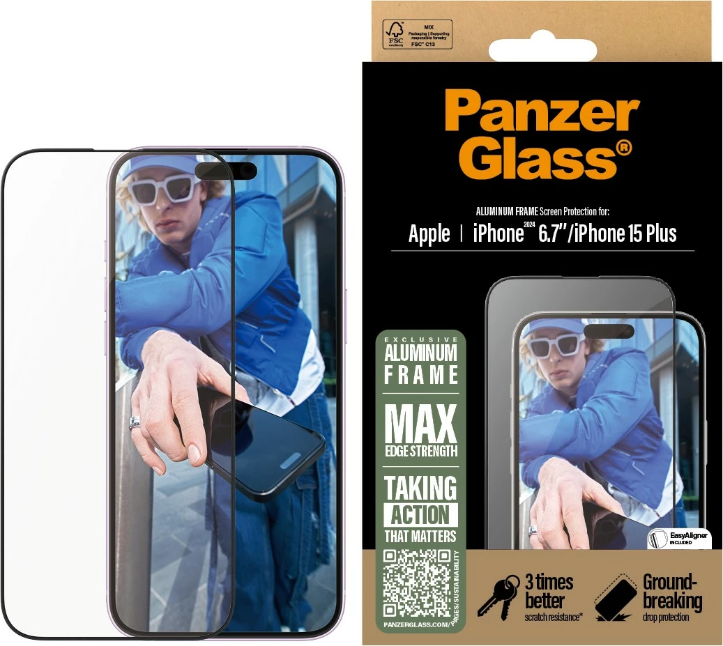 Zaščita zaslona PanzerGlass za iPhone 16/15 Plus, aluminijast okvir