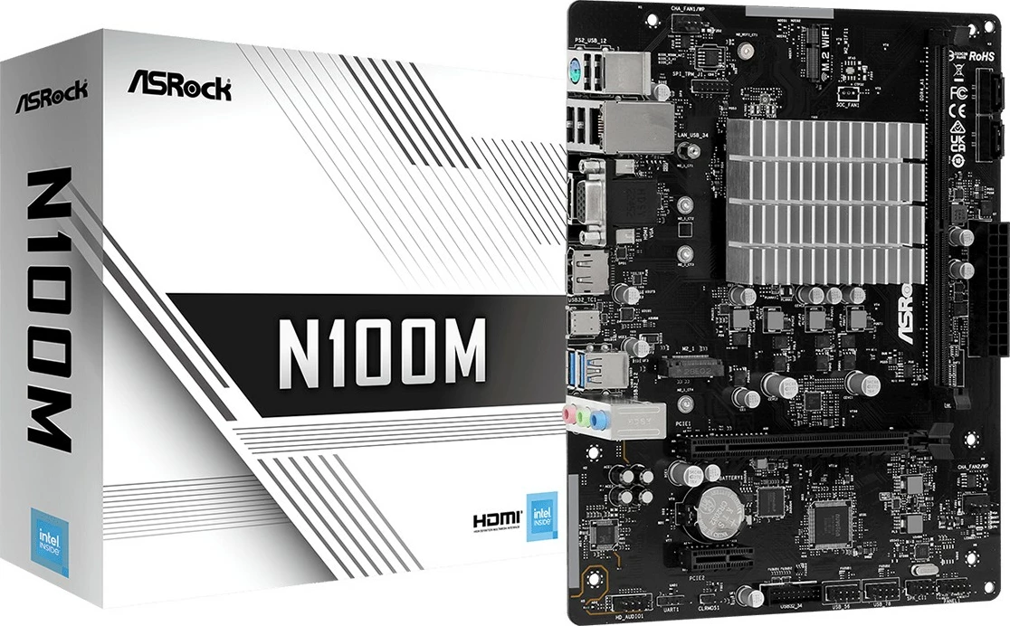 Plošča ASRock N100M, Intel procesor na plošči, micro ATX, črna